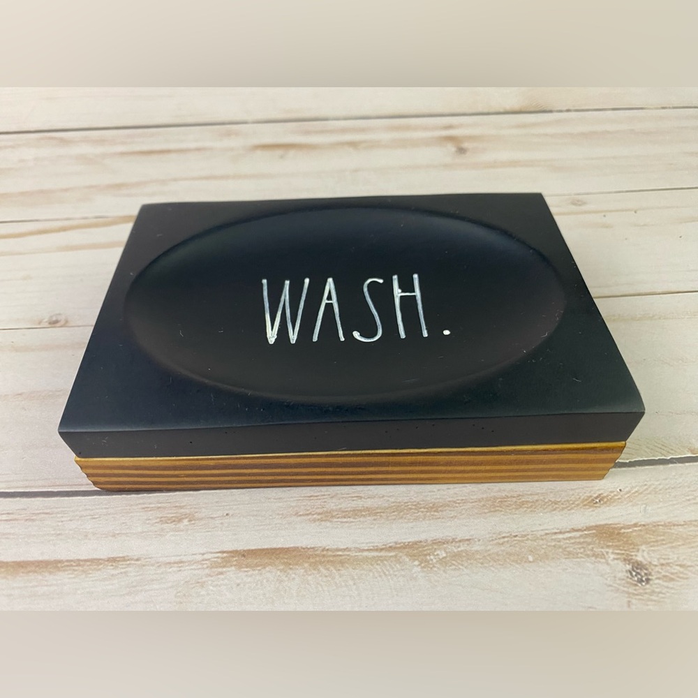 Rae Dunn WASH Black Soap Dish Wooden Base NWT